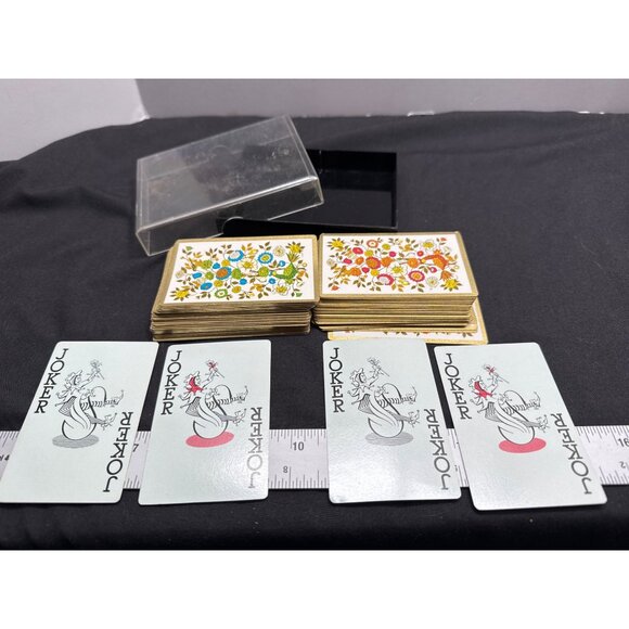 VTG TDC Plastic Coated Playing Cards MCM Floral Peacock Print Two Complete Decks - Picture 2 of 5